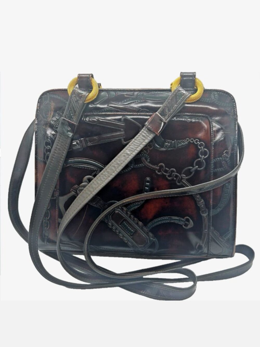 Western SONDRA ROBERTS Shoulder Purse Equestrian Embossd Brown Leather Dbl Strap